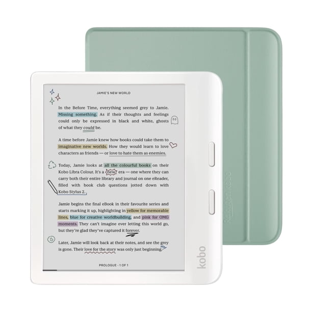 Paquete de eReader Kobo Libra en color blanco con funda de 32 GB de almacenamiento