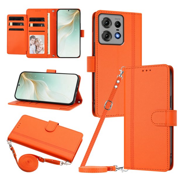 Funda Billetera de Cuero Sintético para Motorola Edge 50 Pro 5G, Naranja