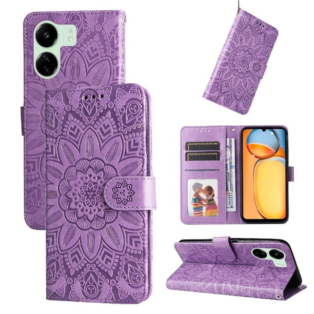Funda tipo cartera FOXDOCK para Xiaomi Poco M6 5G , diseño girasol en relieve, cuero PU, cierre magnético, soporte y tarjetero