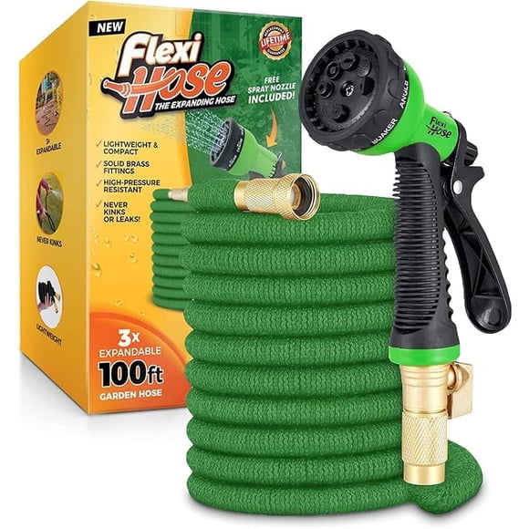 Manguera flexible de jardín de 150 pies con boquilla de 8 funciones, color verde