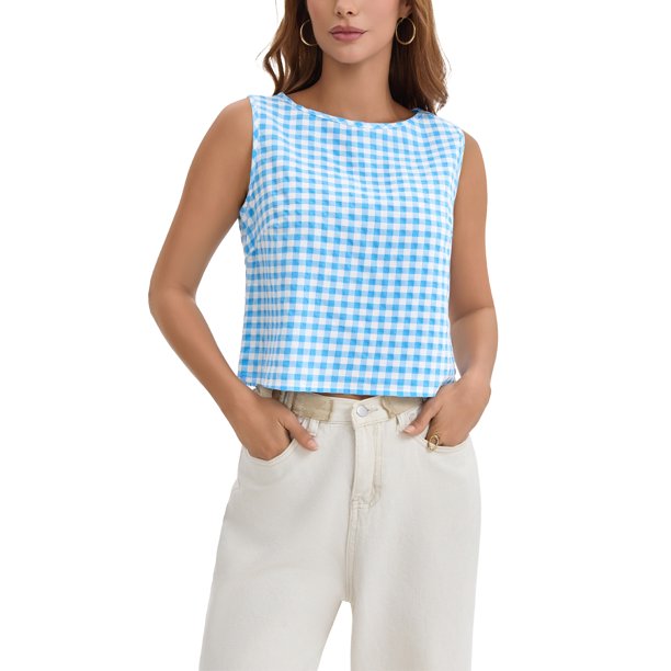 ATHLECHIC Mujeres Verano Tops Cortos de Tanque Top de Cuadros Botón Atrás Blusas Camisas Sin Mangas Casual L Azul