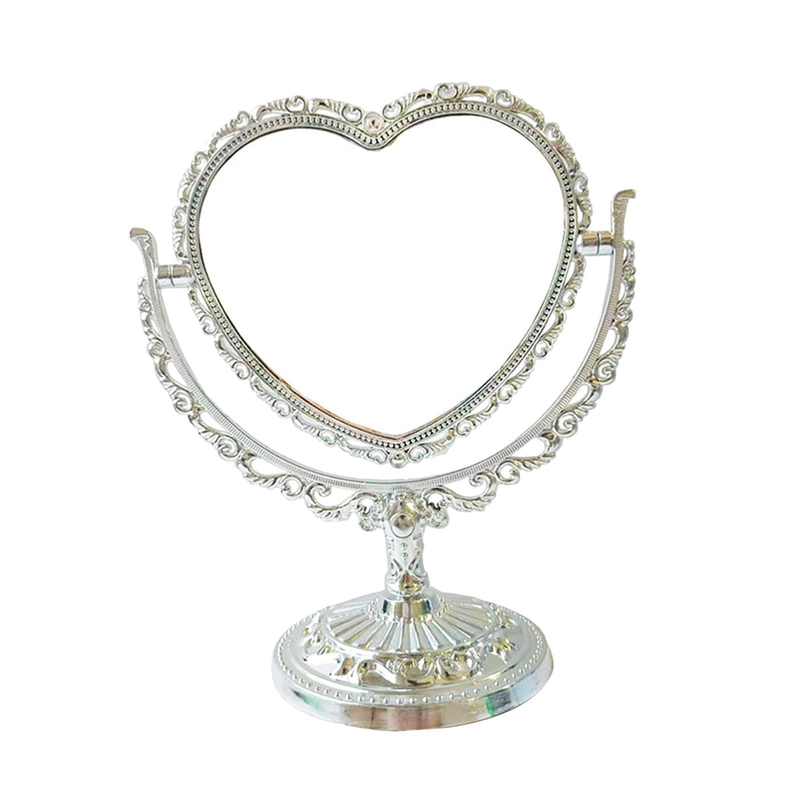 Ioensy - Espejo De Maquillaje De Sobremesa, Espejo De Escritorio Vintage Con Soporte Para Tocador De Hotel, Dormitorio, Forma De Corazón Plateada