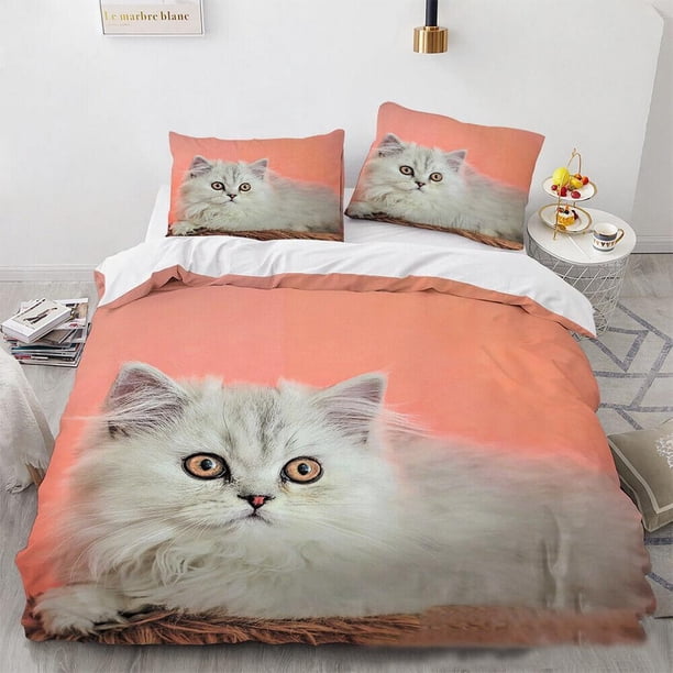 Cute White Cat Kitty Kitten Animal Print Quilt Duvet Cover Set Bedding3-Piece Bedding Set