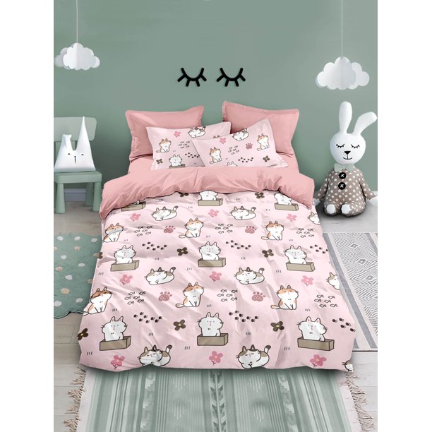 x614 Bed SheetsDuvet Cover Set (*Duvet Cover *Pillowcase, Without Core), Cartoon Cat Print Bedding Set, For Girls Gift Bedroom Decor 3-Piece Bedding Set (1 Duvet Cover + 2 Pillow Shams) nj614