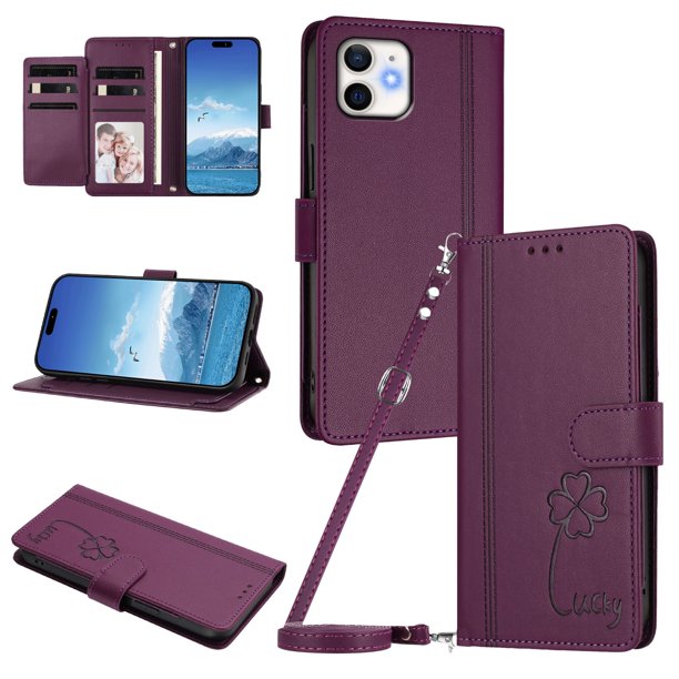 Funda Cartera Trébol para iPhone 12/12 Pro con Ranuras Tarjetas y Carga Inalámbrica Violeta
