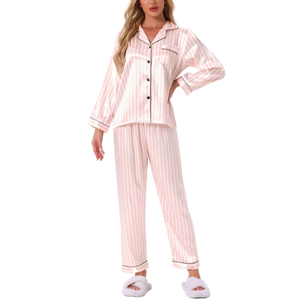 Conjunto de Pijama de Satén Floral para Mujer INSPIRE CHIC con Manga Larga y Botones con Solapa Entallada para Otoño Invierno S Rayas Rosadas