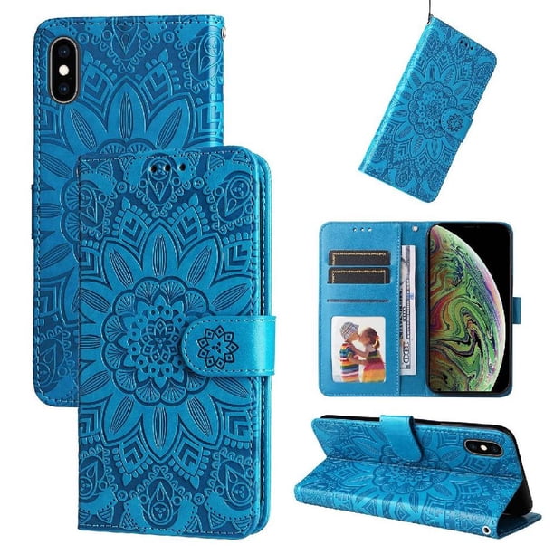 Funda tipo cartera FOXDOCK para iPhone Xs Max , diseño girasol en relieve, cuero PU, cierre magnético, soporte y tarjetero