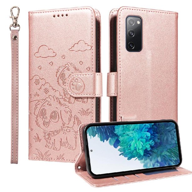Funda Cartera para Samsung Galaxy S20 FE Perro Cachorro Grabado con Tarjetas Soporte Correa Rosa
