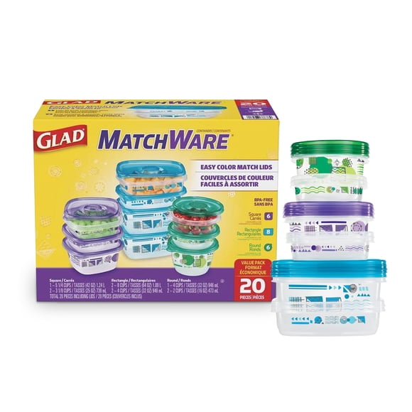 Recipientes de almacenamiento de alimentos Glad GladWare MatchWare, 20 unidades, sin BPA