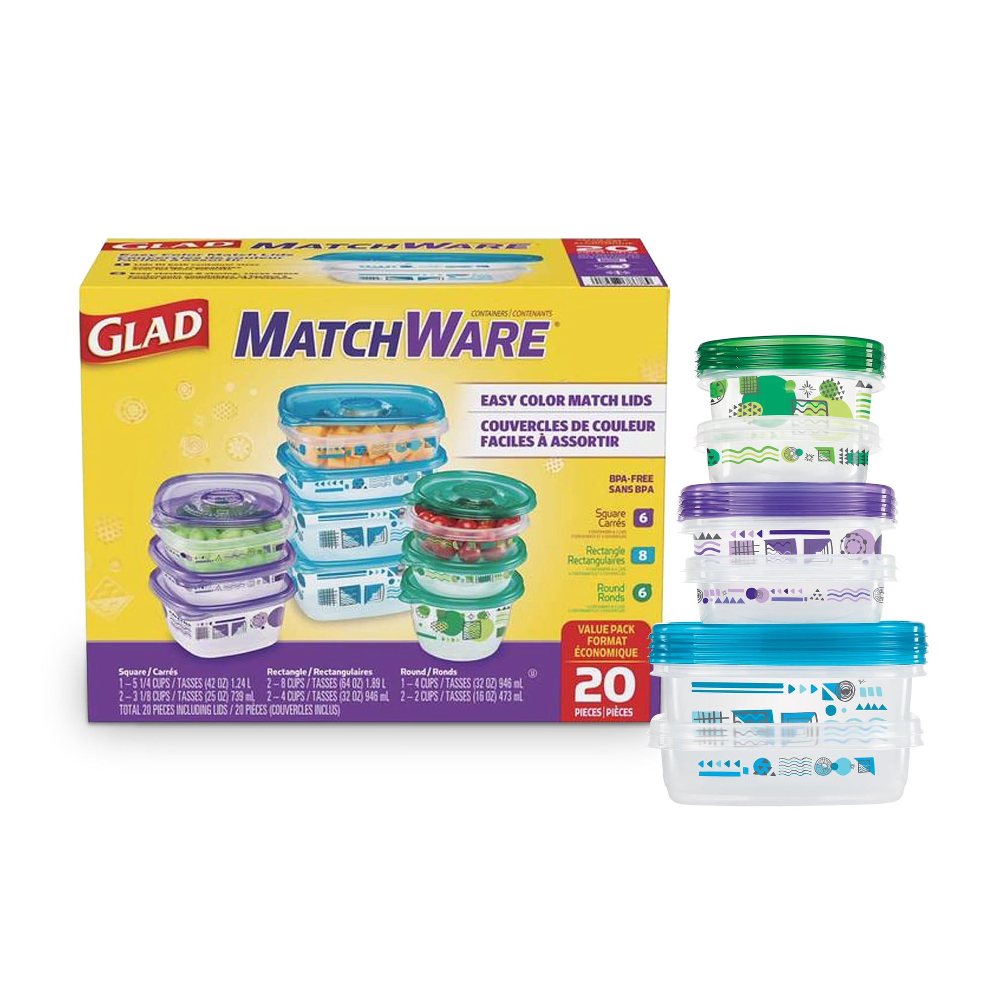 Recipientes De Almacenamiento De Alimentos Glad Gladware Matchware, 20 Unidades, Sin Bpa