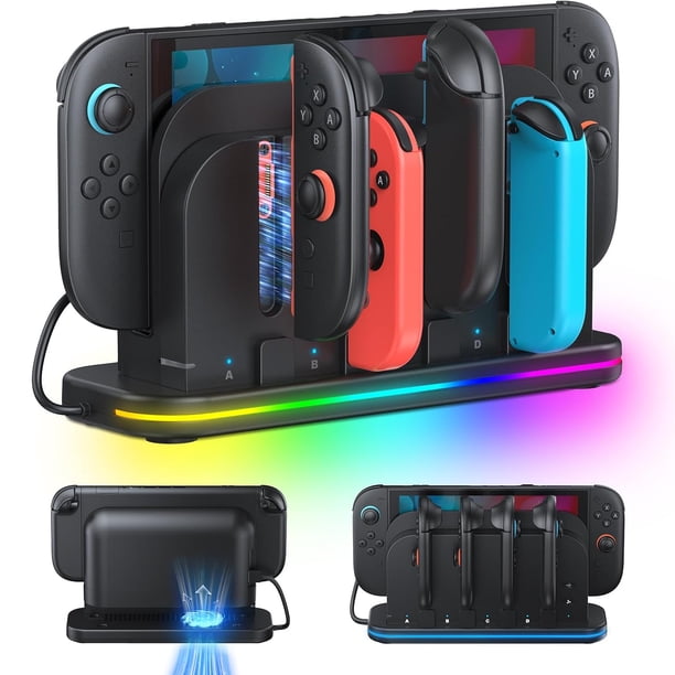 Dock de Carga RGB 8 en 1 para Switch 2 con Ventilador de Refrigeración, Estación de Carga para Controlador Joy-Con, Carga Magnética con Indicadores LED
