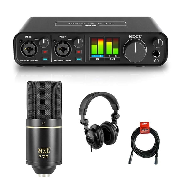 Interfaz de audio MOTU M2 USB con micrófono MXL 770 y audífonos