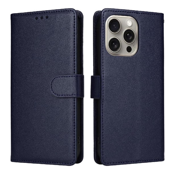 Funda Cartera para iPhone 15 Pro Max con Tarjetero, Soporte y Cordón - Protección Azul