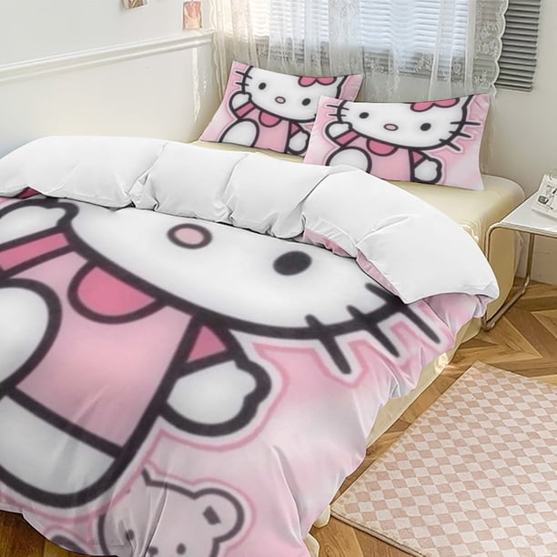 Cute Hello Kitty Thickened Three-piece Bed Set Cartoon Pillowcase Anime Quilt Cover Bedroom Hotel Theme House Vacation Home Holiday Anniversary Gift