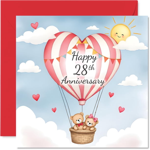 Tarjeta de felicitación Stuff4 con globo aerostático para el 28 aniversario de Love Bear