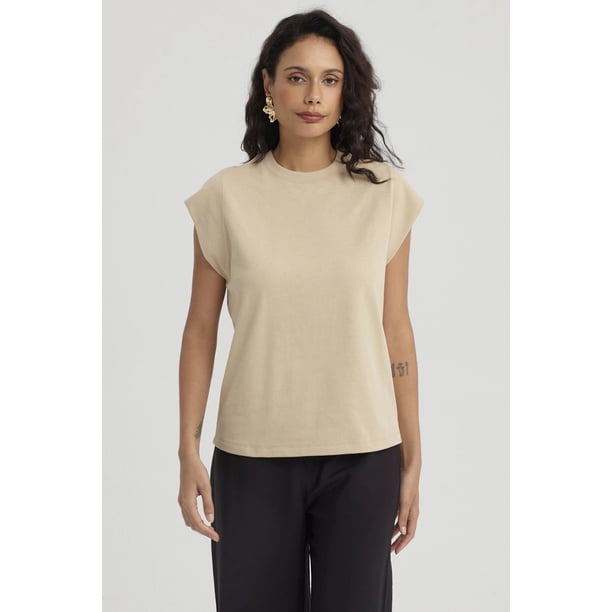Polera Mujer Aplicación Rib Beige Claro
