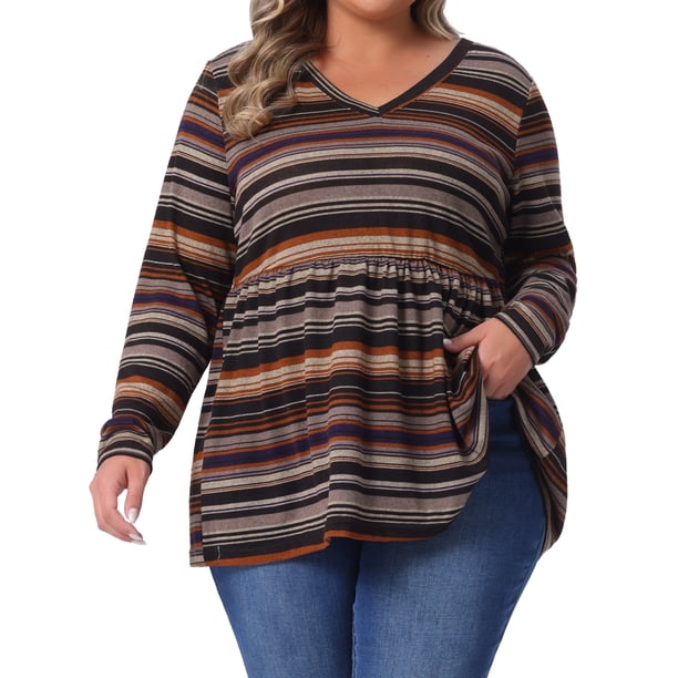 Agnes Orinda Conjuntos de Halloween para Mujeres Tallas Grandes Tops Babydoll Vintage a Rayas Boho Cuello en V Manga Larga Cintura Elástica Blusa Casual 1X Marrón