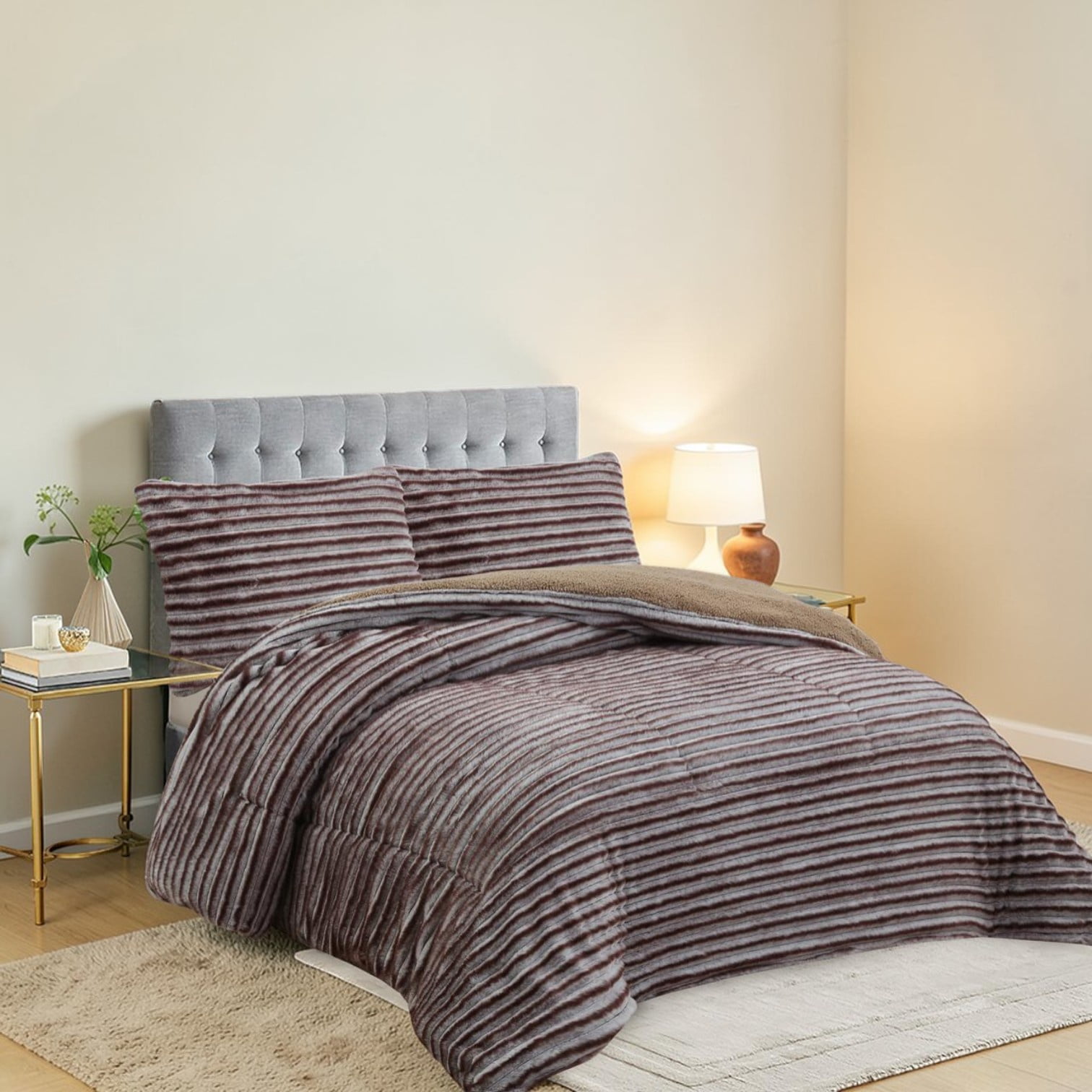 Cubrecama Premium Pelo De Conejo Sintetico Con Chiporro Lineas M29