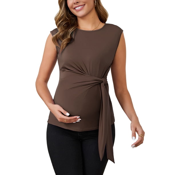 INSPIRE CHIC Blusa de maternidad para mujer con lazo en la cintura, manga corta, verano 2025, camiseta para oficina, talla 2XL, color marrón