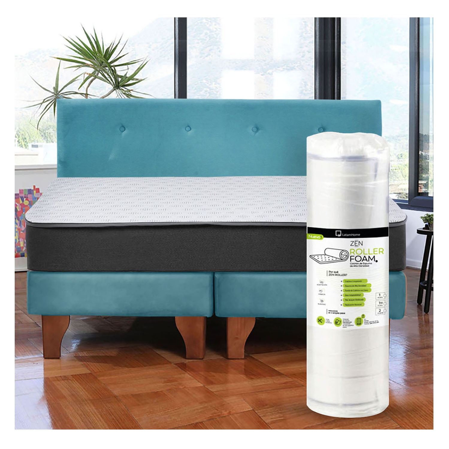 Latam Home - Cama Europea Zen Roller 2 Plazas Colchon Comprimido Espuma + Respaldo Tela Turquesa