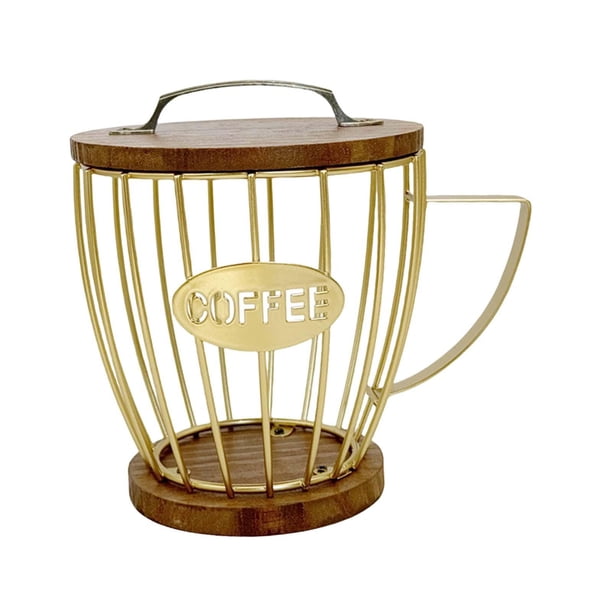 Contenedor para cápsulas de café, cesta metálica resistente de gran capacidad, soporte para cápsulas de café para encimera, mostrador de cocina y escr Oro con tapa