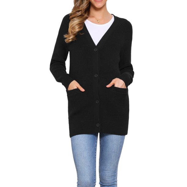INSPIRE CHIC Suéter Largo de Punto para Mujer con Manga Larga, Cardigan Abierto con Dos Bolsillos Laterales y Tela Suave XS Negro