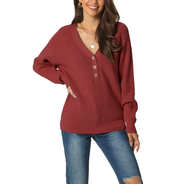 INSPIRE CHIC Suéter de Mujer de Manga Larga con Cuello en V y Botones, Tejido de Punto Acanalado, Jersey Casual Talla M Rojo Vino