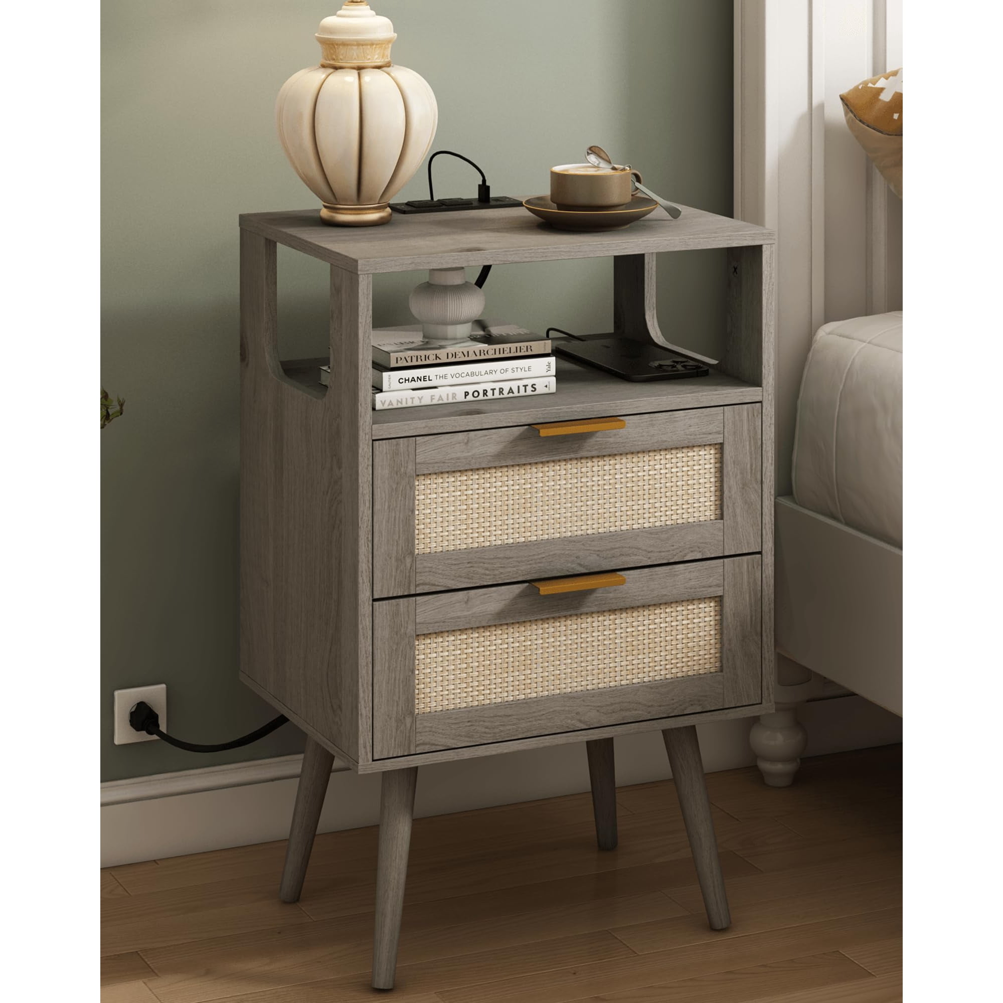 Mesita De Noche Veegle Rattan Gris