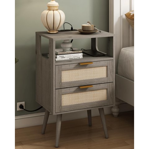 Mesita De Noche Veegle Rattan Gris