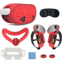 Genérico - Kit De Accesorios 7 En 1 Para El Casco De Realidad Virtual Meta Quest 3: Empuñaduras Para El Mando, Correa De Mano, Funda Facial De Silicona Y Juego De Protectores De Lente.-Rojo