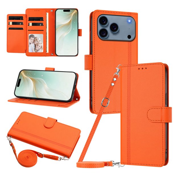 Funda Cartera de Cuero Sintético para iPhone 18 Pro, Naranja