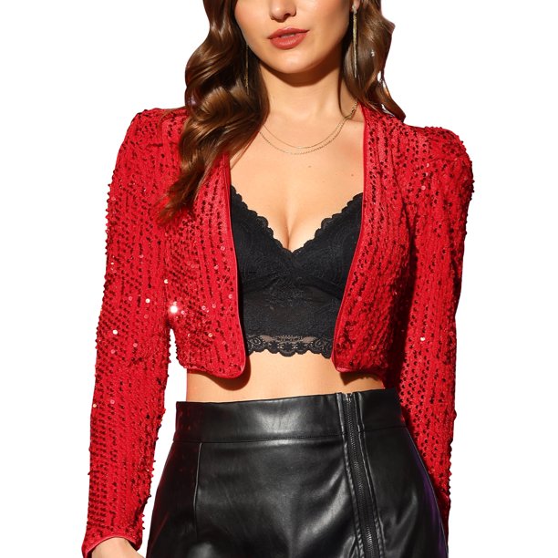 INSPIRE CHIC Chaqueta Corta Abierta de Lentejuelas Brillantes de Manga Larga para Fiesta de Halloween de Mujer XL Rojo
