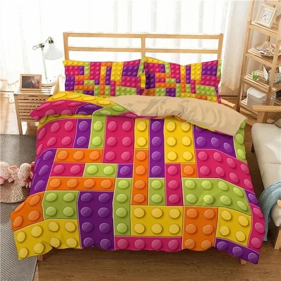 x1009 Bed SheetsColorful Blocks Duvet Cover Size,Building Toy Bedding Set Boys Girls Orange Blue Fun Brick Polyester Quilt Cover 3-Piece Bedding Set (1 Duvet Cover + 2 Pillow Shams) nj1009