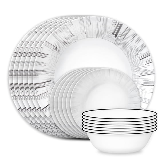 Corelle Vitrelle Juego de 18 Piezas para 6 Personas, Vidrio Triple Capa Resistente a Astillados, Platos y Tazones Redondos Ligeros, Arica