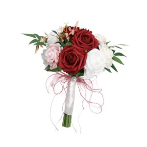 Magideal - Boda Ramo De Novia Nupcial Mano Flor Mesa Centro De Mesa Ramo De Boda Hecho A Mano Boda Sostener Flor Para El Hogar Boda Iglesia Decoraciones Rojo Blanco