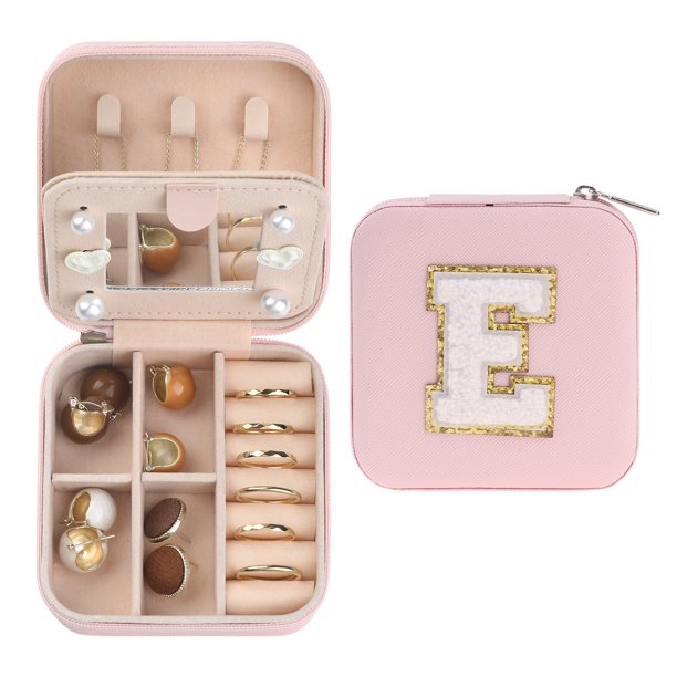 Caja de joyería de viaje REGALWOVEN con espejo, mini organizador de joyas portátil de cuero PU, estuche de almacenamiento y exhibición, color rosa E