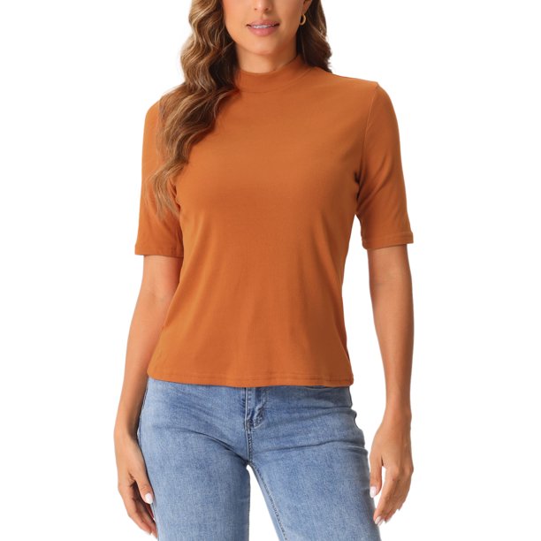 INSPIRE CHIC Camisetas de media manga para mujeres Regreso a clases Cuello alto Blusas casuales sólidas elásticas suaves de longitud hasta el codo M Naranja oscuro