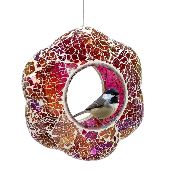 Comedero para Pájaros Sunnydaze Decor 25 cm Mosaico Rosa de Vidrio