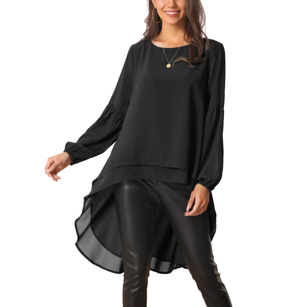 INSPIRE CHIC Blusas asimétricas de gasa casuales elegantes para mujer con mangas largas de linterna y cuello redondo, parte superior alta y baja, talla L, color negro