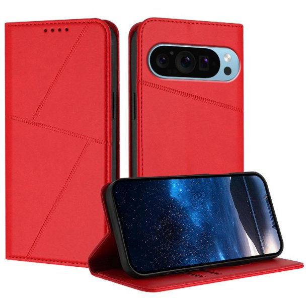 Funda Cartera Magnética para Google Pixel 9 Pro XL Protección Antichoque con Ranuras Rojo
