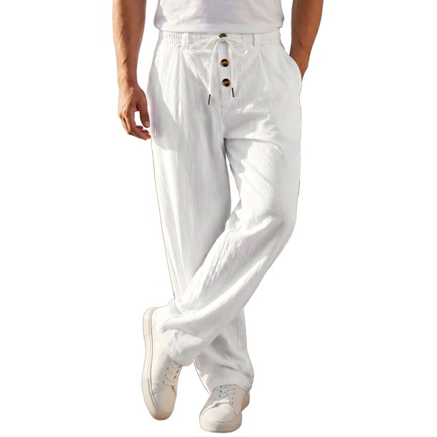 Pantalones de Lino Transpirables con Botón y Cintura con Cordón para Hombre INSPIRE CHIC 36 Blanco