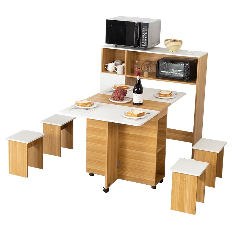 Perfectseat - Juego De Comedor Plegable + 4 Pisos + Mueble Organizador Bambú/blanco