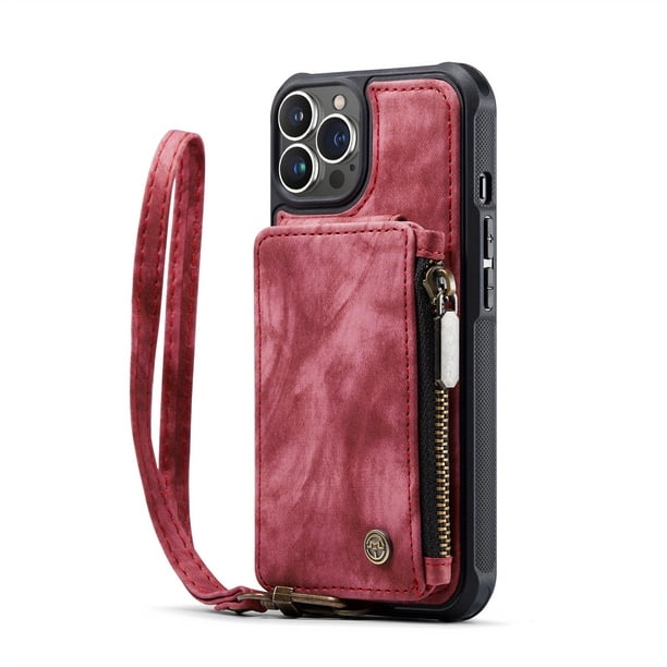 Wallet Case For IPhone 14/13/12/11 With RFID Blocking Leather Case With Card Holder & Kickstand, Zipper Strap Double Button Flip Shockproof Case