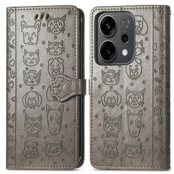 Funda Cartera FOXDOCK para OPPO Reno 14 5G , Flip PU con Relieve de Gatos y Perros, Tarjetero y Soporte
