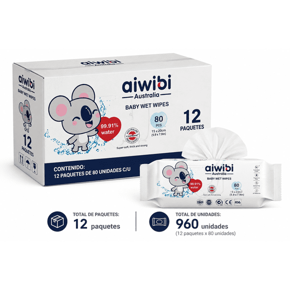 Toallitas Humedas Aiwibi 99.91% Agua 12 Paquetes