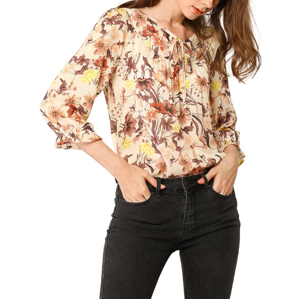 INSPIRE CHIC Estilo Blusa Boho para Mujer Estampado Floral Cuello con Lazo Manga 3/4 Tops Casual XS Beige