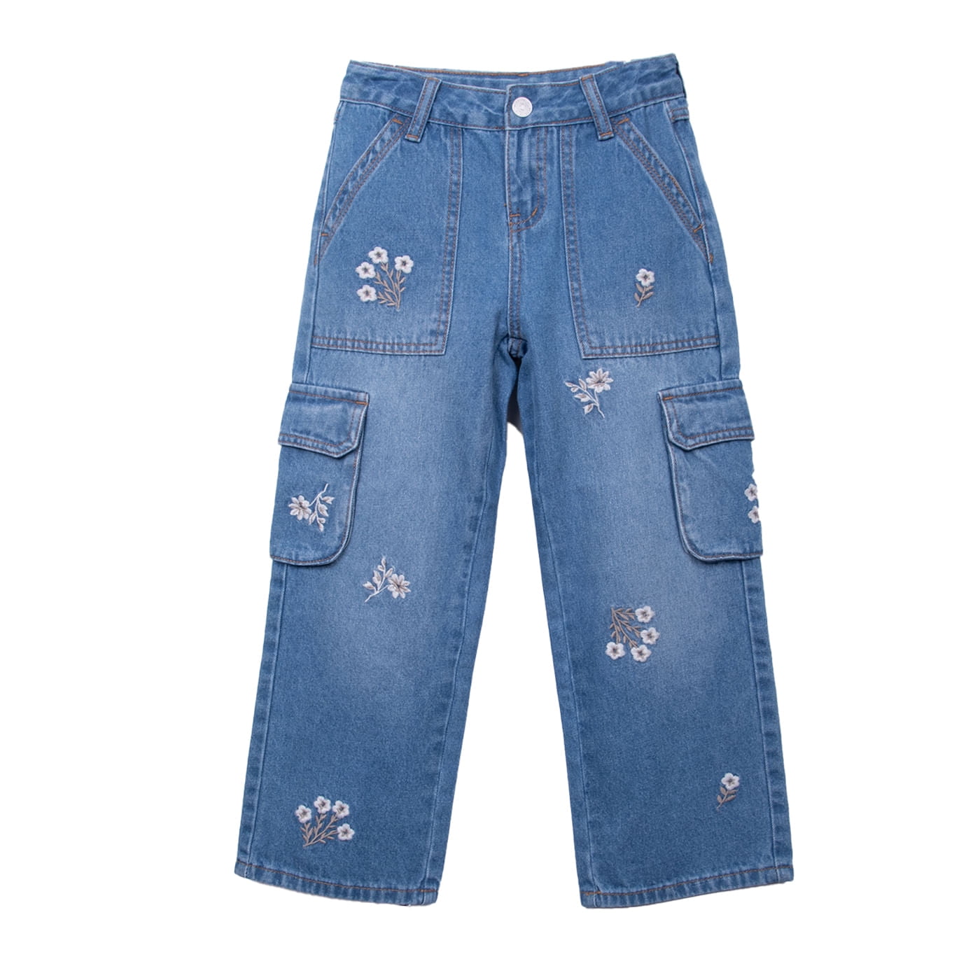Pillin - Jeans Niña Cargo Bordado Flores Celeste
