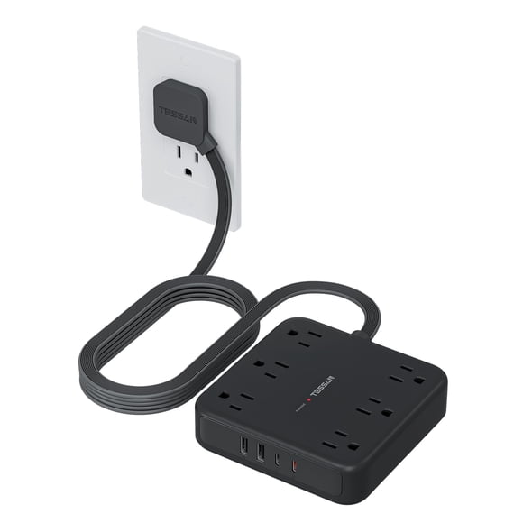Regleta TESSAN de 3 m con enchufe plano 10‑en‑1 negra
