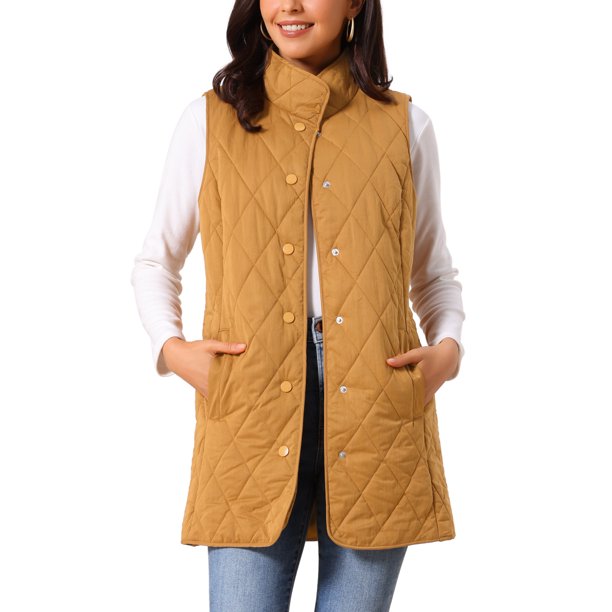 INSPIRE CHIC Chaleco Largo de Mujer con Cuello Alto Sin Mangas Chaquetas Acolchadas Ligeras Chaleco Acolchado Abrigo Cálido L Marrón
