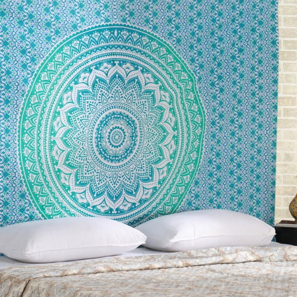 Tapiz Mandala RAJRANG en Algodón Verde Mar para Decoración de Dormitorio y Sala Estilo Boho Bohemio 84x54 Pulgadas